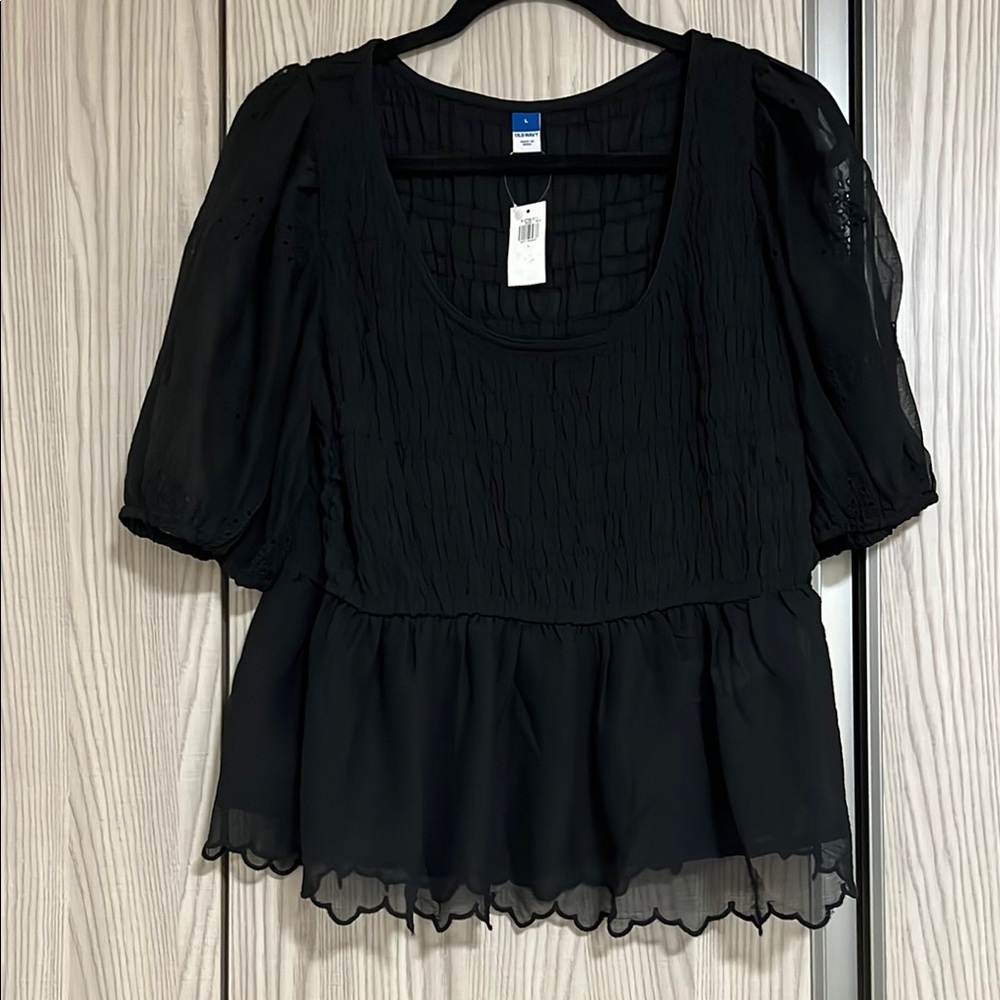 Black Smocked Peplum Blouse with Puff Sleeves